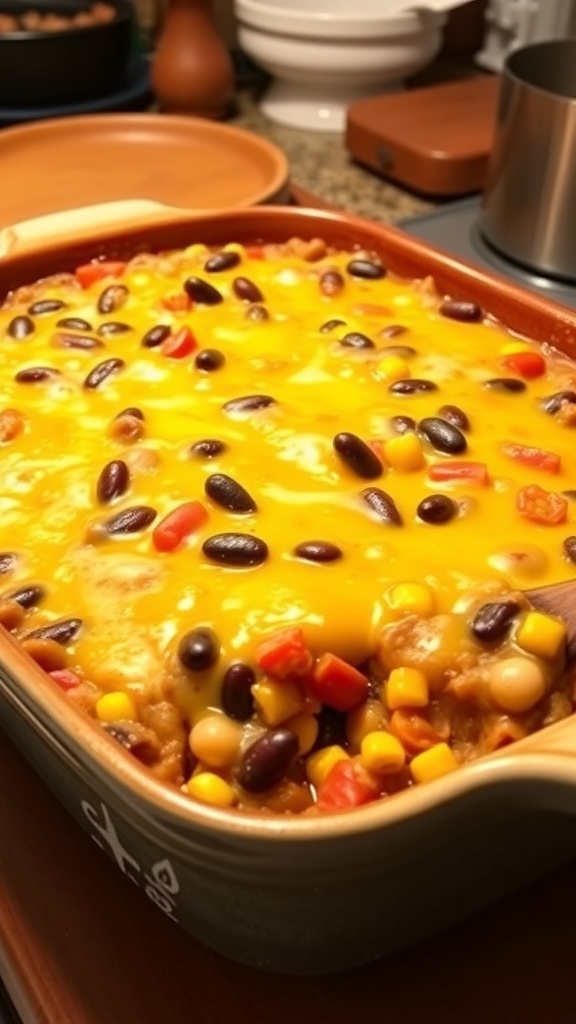 Baked Three Bean Casserole Recipe A baked three bean casserole with melted cheese, kidney beans, black beans, pinto beans, and corn in a rustic dish.